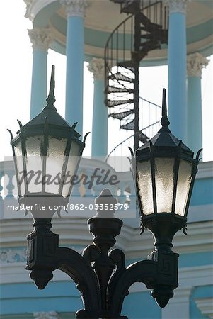 Cuba,Cienfuegos. Street lamps in front of Casa de Cultura Benjamin Duarte,Jose Marti Plaza