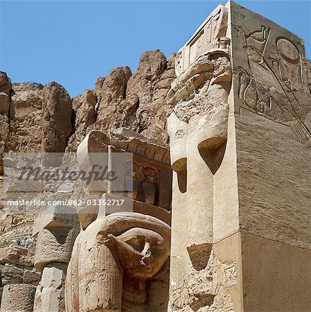 The ruins of the famous temple at Dayr al-Bahri in Western Thebes. It was built by Queen Hatshepsut,queen of Egypt,who attained unprecedented power as a pharaoh and reigned in her own right from 1472BC to 1458BC.