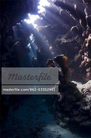 Égypte, mer rouge. Des rayons de soleil pénètrent la morosité dans un système de grotte sous-marine de St. John's Reef, la mer rouge.