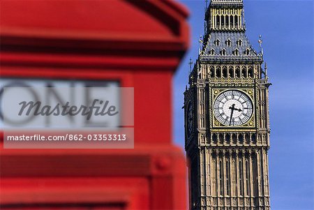 London's famous Clock Tower,Big Ben,is viewed from behind another English icon - the red phone booth. Big Ben's name actually comes from the 13 tonne bell hanging inside the tower and named after its commissioner,Benjamin Hall