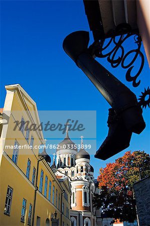 An Ornamental Steel Boot hangs infront of the 19th Century Russian Orthodox Alexander Nevsky Cathedral on Toompea Hill,Located in the Unesco World Heritage Old Town