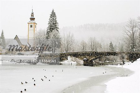 Winter scene in village in Slovenia