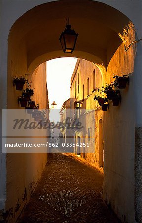 Narrow streets at sunset.