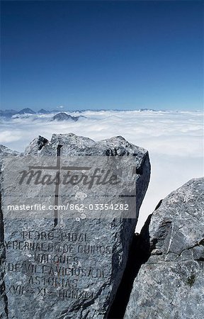 Memorial to the Marques de Villaviciosa,carved into a rock at the Mirador de Ordiales,at 1850m in the Picos de Europa