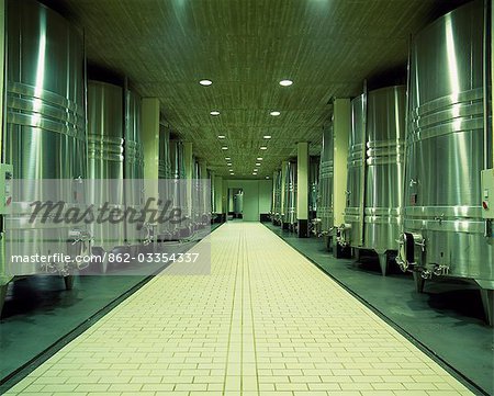 Stainless steel maturation vats in Ysios winery. This modern,almost futuristic winery was designed by one of Spain's best known architects,Santiago Calatrava