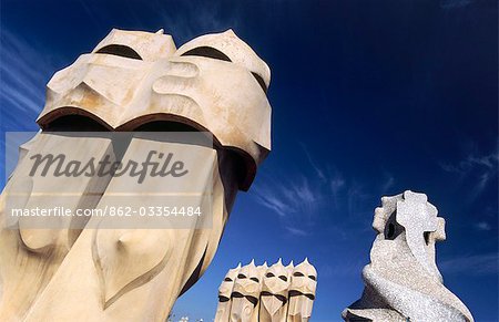 The surreal chimneys of Antoni Gaudi's architectural icon,Casa Mila in Barcelona. Known as La Pedrera (the Quarry),the builiding was built from 1905 to 1911 and declared a UNESCO World Heritage Site in 1984.