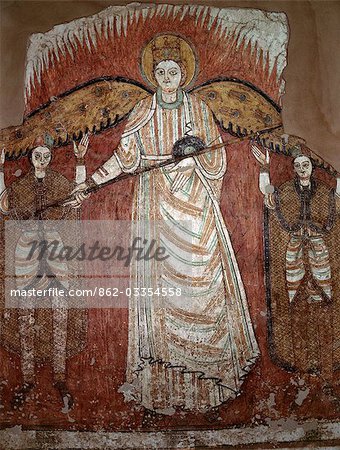 A fine early Coptic wall mural depicting an angel,which came from the ancient Christian monastery of Faras,founded in 707AD. A team of Polish experts saved the murals from this monastery before the site was submerged by Lake Nasser after the completion of Egypt's Aswan High Dam. A selection of murals now hangs in Sudan's National Museum in Khartoum.