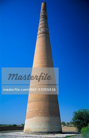 Minaret at Gurganj (Kunja Urgench) former capital of Khorezm. Seven times destroyed and seven times rebuilt is the legend attached to Gurganj. Gurganj was the name given to the town by the Mongols,the Arabs called it Jurjanya and after 1646 it was known as Kunya Urgench. During its heyday it covered 1000 hectares.