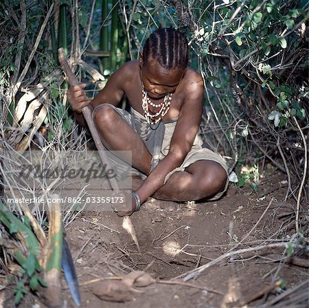A Hadza woman digs for edible tubers with a digging stick.The Hadzabe are a thousand-strong community of hunter-gatherers who have lived in the Lake Eyasi basin for centuries. They are one of only four or five societies in the world that still earn a living primarily from wild resources.