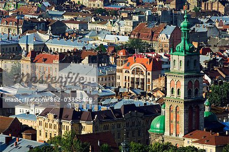 View of Old Town and the Virgin Marys Assumption Church Bell Tower,from Castle Hill. Lviv is a major city in western Ukraine. The historical city center is on the UNESCO World Heritage List and has many architectural wonders and treasures.