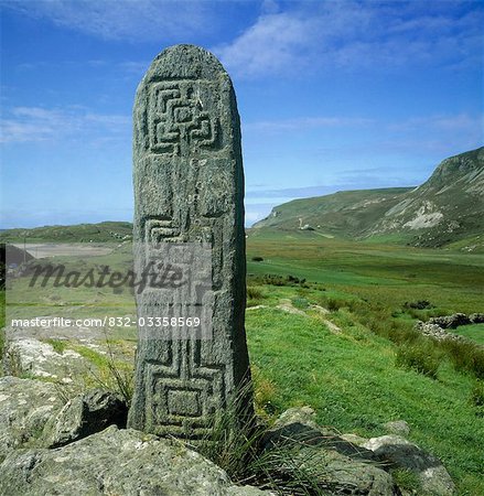 Carved standing stones on a landscape, Glencolumbkille, County Donegal, Republic Of Ireland