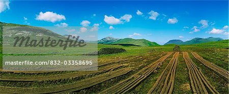 Coupe de gazon sur un paysage, Connemara, comté de Galway, Irlande