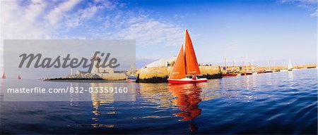 Howth, County Dublin, Ireland; Sailboat in harbour