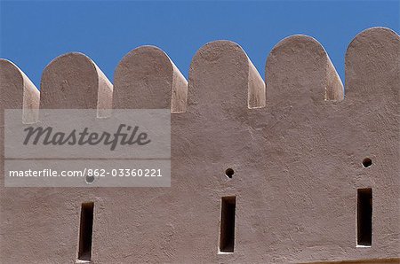 Architectural details of the crenellated walls of the castle at Jaalan Bani bu Hasan