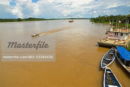 Peru,Loreto Province. Boats on the Amazon River near the town of Islandia.