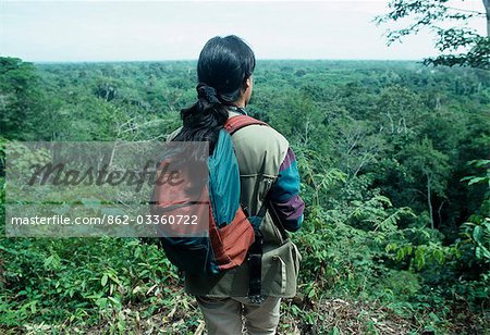 A local ecotourism guide surveys the lowland forest from a ridge. In her daypack she carries binoculars,bird book and first aid. Bird watching is popular here where the world record for species diversity is held.