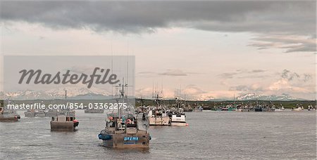 Gillnetters anchor in Dago Creek in the Ugashik fishing district with the Aleutian Range in the background, Bristol Bay, Alaska