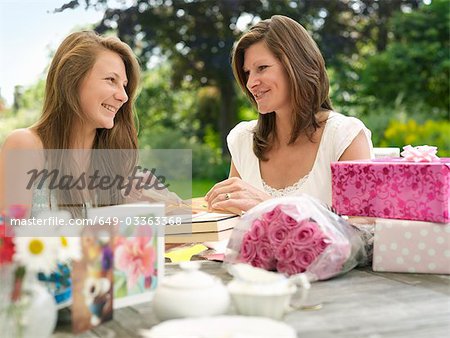 mother opening present from daughter