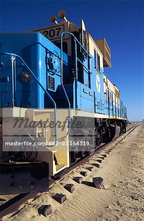 The locomotive for the worlds longest train sits at the station in Nouâdhibou. The full train is up to 2.5 kilometres long and trundles between Nouâdhibou and the iron mines of Zouérat in Mauritania.