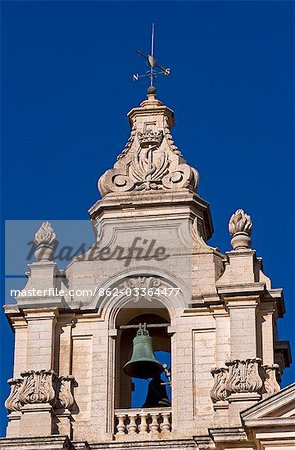 Malta,Mdina. Baroque bell tower of St Paul's Cathedral which sits at the heart of the ancient walled city of Mdina.