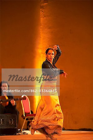 Morocco,Fes. Maya performs Flamenco on the stage of the Bab Makina accompanied by Jose Luis Rodriguez.