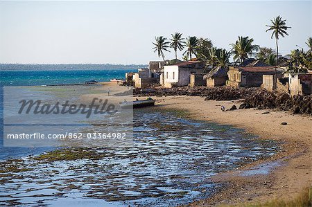 Maisons bordent la rive de l'extrémité sud de Ilha do Mozambique à marée basse.