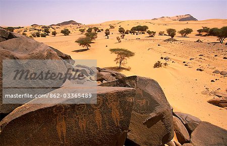 Niger, désert du Ténéré. Art rupestre pense que 30 000 ans près de l'Oasis de Tezizet.