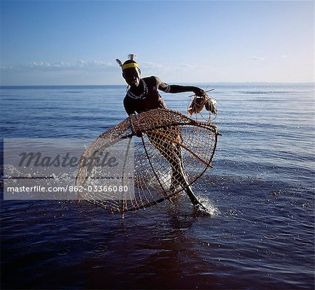 Avec son panier de pêche traditionnelle prête, un pêcheur de Turkana se précipite pour attraper un tilapia dans les eaux peu profondes du lac Turkana. Conique en forme de panier, trois ou quatre pieds de largeur à l'embouchure et fait de bâtons pliable et palmier doum torsadée frondes, a un petit Rabat au sommet du cône par lequel les poissons pris au piège sont supprimés.