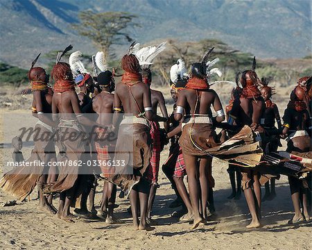 Song is an art form ingrained in Turkana culture. After months of separation,young men and girls gather together during the rains when grass is abundant and life is relatively easy for a while. The Turkana have a rich repertoire of at least twenty dances,most of which are quite energetic.