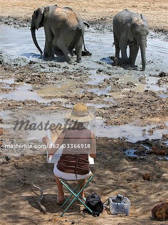 Kenia, Tsavo Ost, Ithumba. Ein Tierwelt-Künstler malt junge Elefanten genießen ein Schlammbad bei Ithumba, wo eine sehr wichtige Einheit für Waisen die David Sheldrick Wildlife Trust läuft.