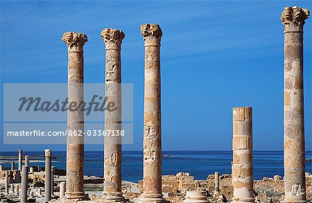 Temple of Isis built in the 1st century AD at the ancient Roman city of Sabratha. It faces the Mediterranean in keeping with its dedication to the Egyptian goddess Isis,seen here as the protector of sailors