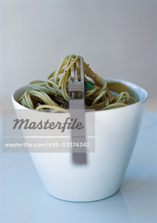 Bowl of pesto pasta and fork