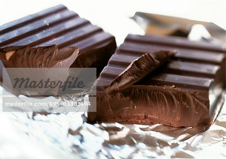 Chunks of dark chocolate on aluminum foil