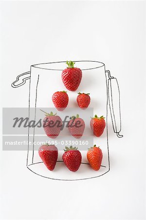 Ripe strawberries in drawing of a jar