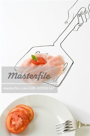 Prosciutto and tomato on drawing of spatula