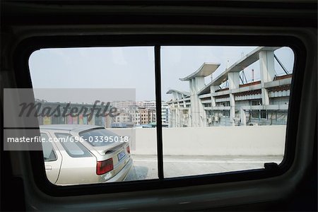Urban scene viewed from car window