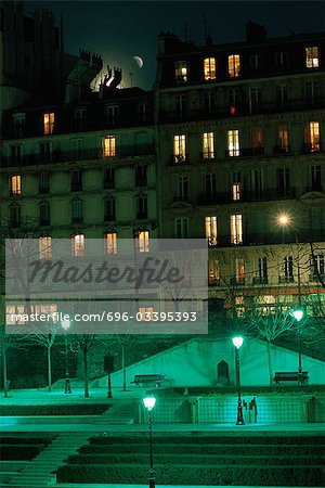 Building exterior, Paris, France, night