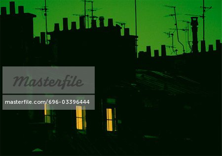 France, Paris, rooftops in silhouette at night
