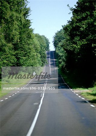 Hilly road with woods on both sides