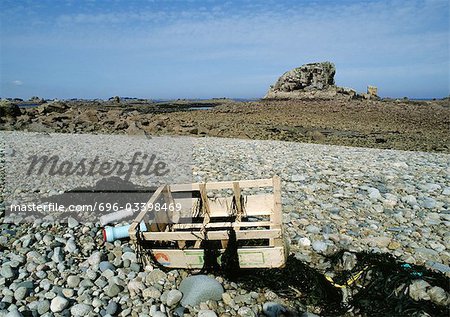 Papierkorb auf felsigen Strand verstreut