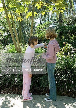 Two girls looking at birds in wildlife park