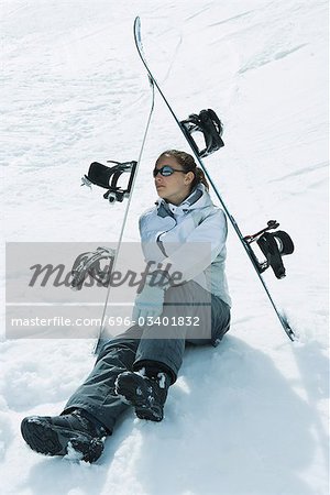 Junge weibliche Skifahrer sitzen auf dem Boden unter Ski, Wegsehen
