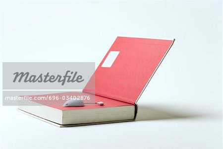 Wireless computer mouse resting on open book