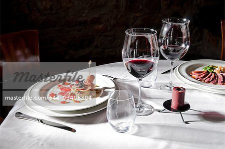 Table setting with food and wine