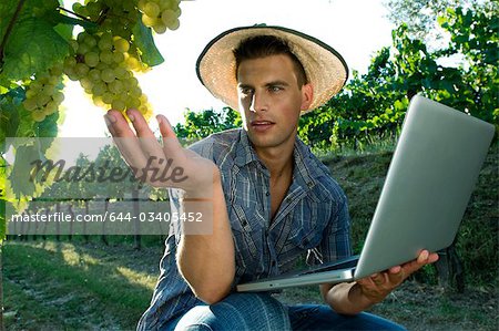 Jeune homme au vignoble de portable
