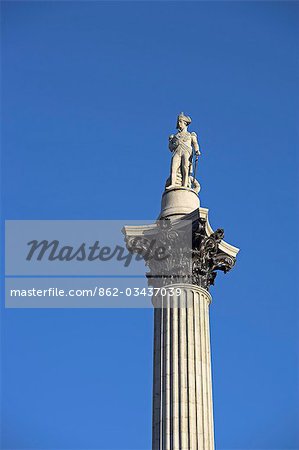 The statue of Lord Nelson stands atop Nelson's Column in Trafalgar Square. The statue was sculpted by EH Bailey. The column stands 145ft tall,the same hight as the masthead of HMS Victory,Nelson's flagship.