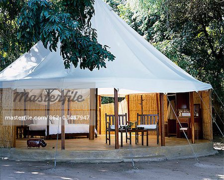 Camp de Zambie, Lower Zambezi National Park, arbre à saucisses. L'hébergement est dans des tentes de pavillon blanc, croustillantes, style propre et minimaliste, avec des meubles en teck et des tissus blancs.