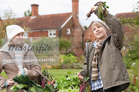 Children picking vegetables from garden