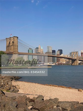 Brooklyn Bridge spanning the East River and Lower Manhattan skyline, from Empire-Fulton Ferry State Park, Brooklyn, New York City, New York, United States of America, North America