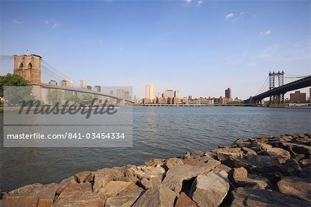 Brooklyn Bridge and Manhattan Bridge spanning the East River, from Empire-Fulton Ferry State Park, Brooklyn, New York City, New York, United States of America, North America Brooklyn Bridge and Manhattan Bridge spanning the East River, from Empire-Fulton Ferry State Park, Brooklyn, New York City, New York, United States of America, North America
